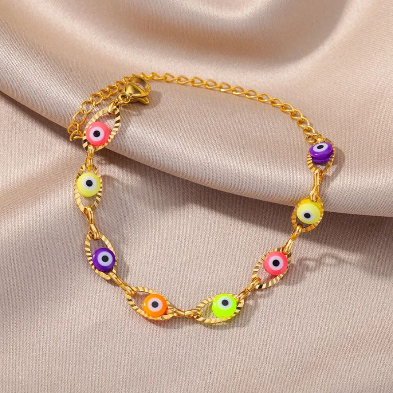 Bracelet Oeil Turc multicolore sur chaîne dorée, bijou protecteur tendance