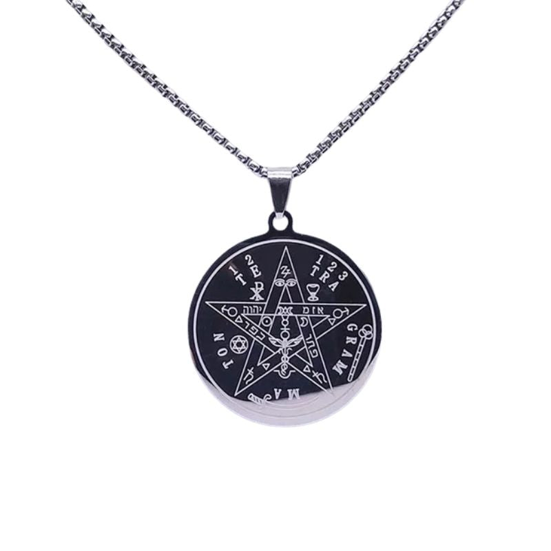 Collier pentacle en acier inoxydable noir avec gravures ésotériques