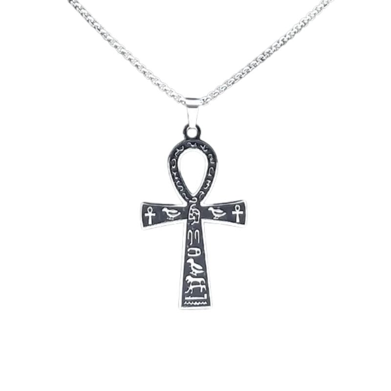 Croix de Vie Ankh en argent ornée de hiéroglyphes sacrés, bijou de protection