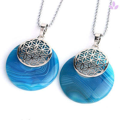 Collier agate bleue avec pendentif Fleur de vie